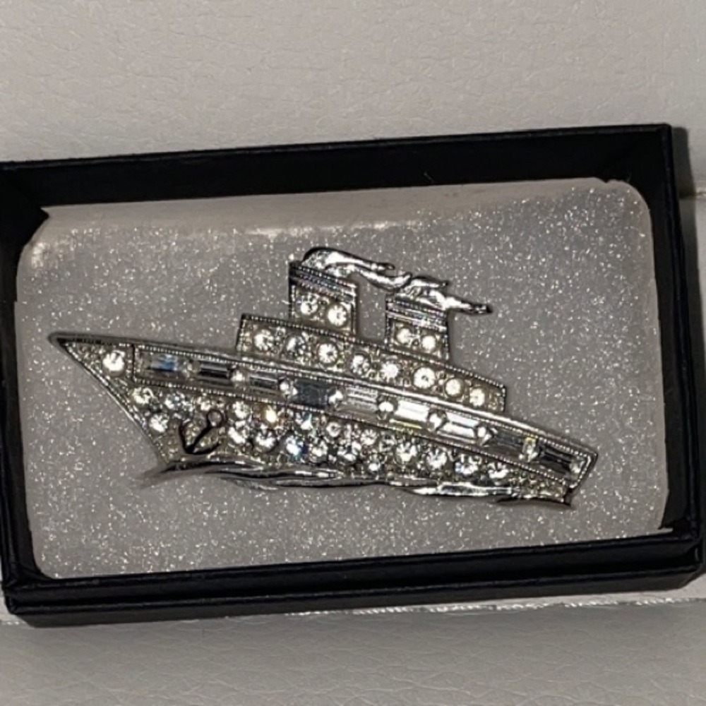 Silver Rhinestone Ship Brooch